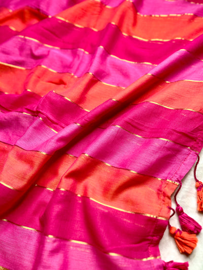 Handwoven Cotton Saree - Mexican Pink + Persian Orange