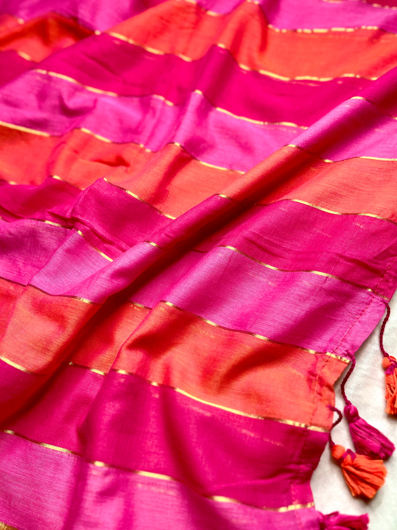 Handwoven Cotton Saree - Mexican Pink + Persian Orange