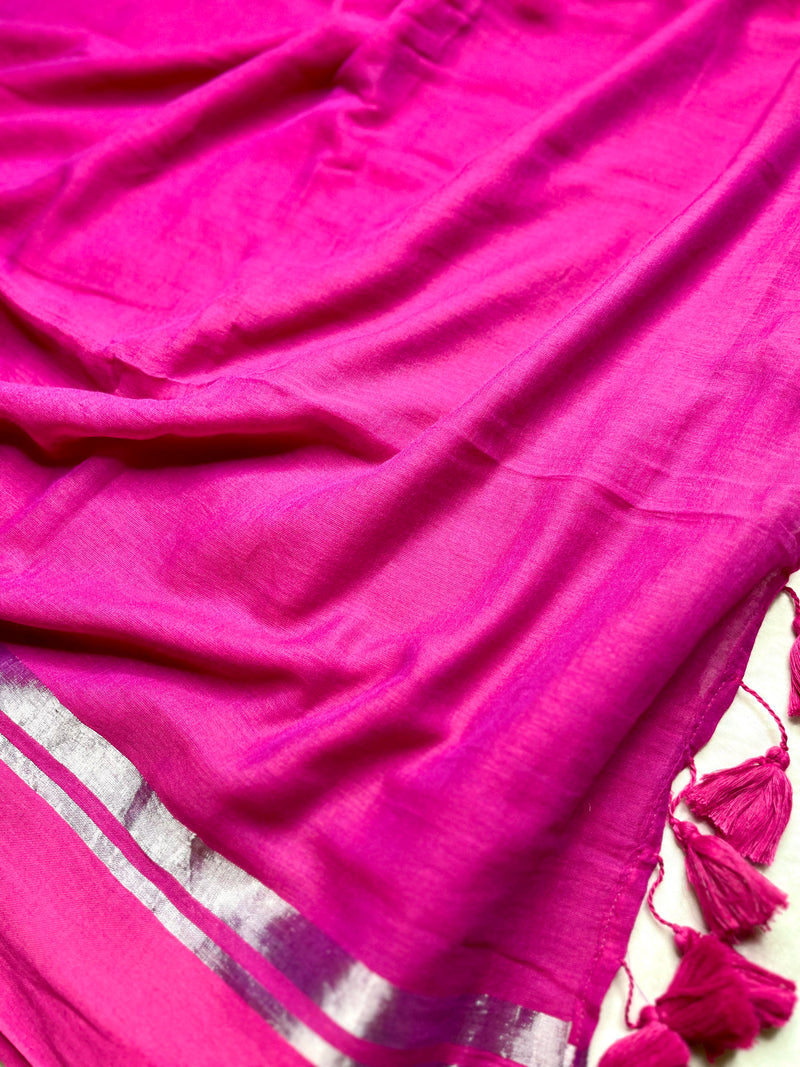 Handwoven Cotton Saree - Magenta + Persian Rose