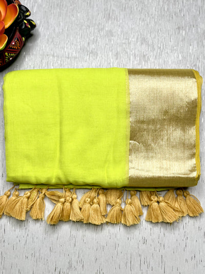 Handwoven Cotton Saree - Electric Lime + Shimmer Gold