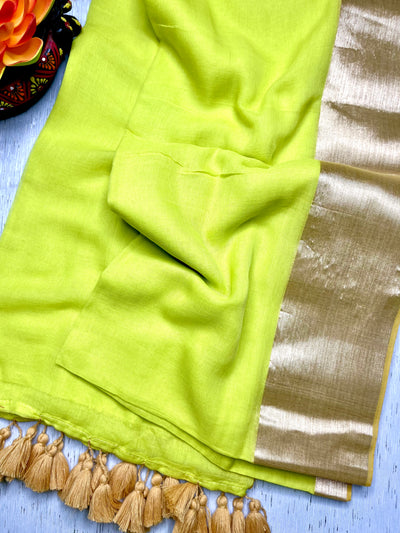 Handwoven Cotton Saree - Electric Lime + Shimmer Gold