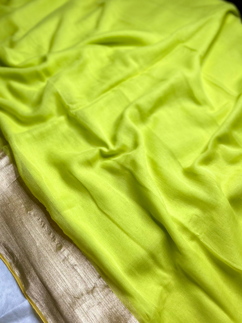 Handwoven Cotton Saree - Electric Lime + Shimmer Gold