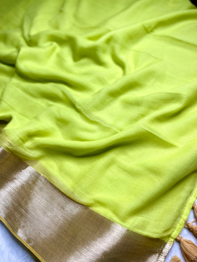 Handwoven Cotton Saree - Electric Lime + Shimmer Gold