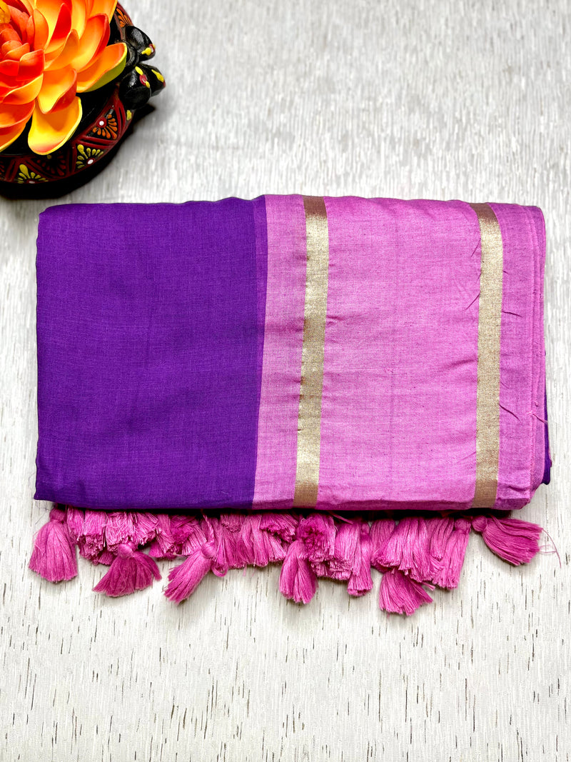 Handwoven Cotton Saree - Electric Violet + Flamingo Pink