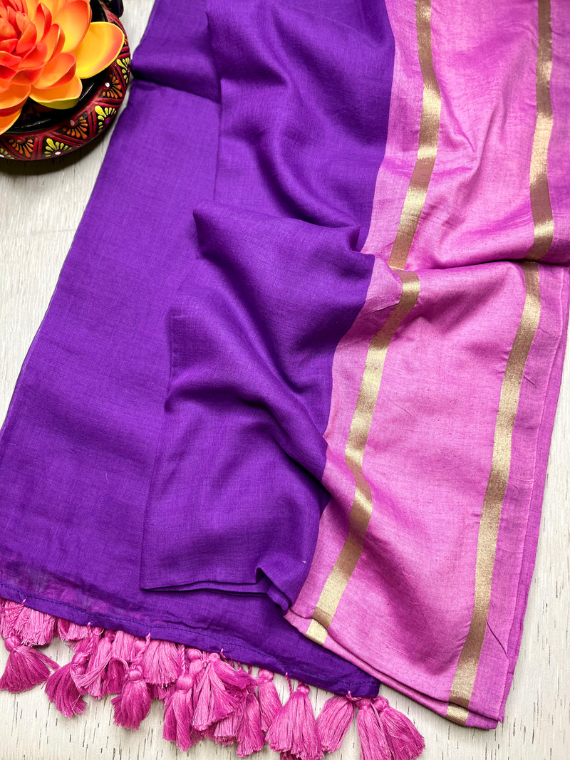Handwoven Cotton Saree - Electric Violet + Flamingo Pink