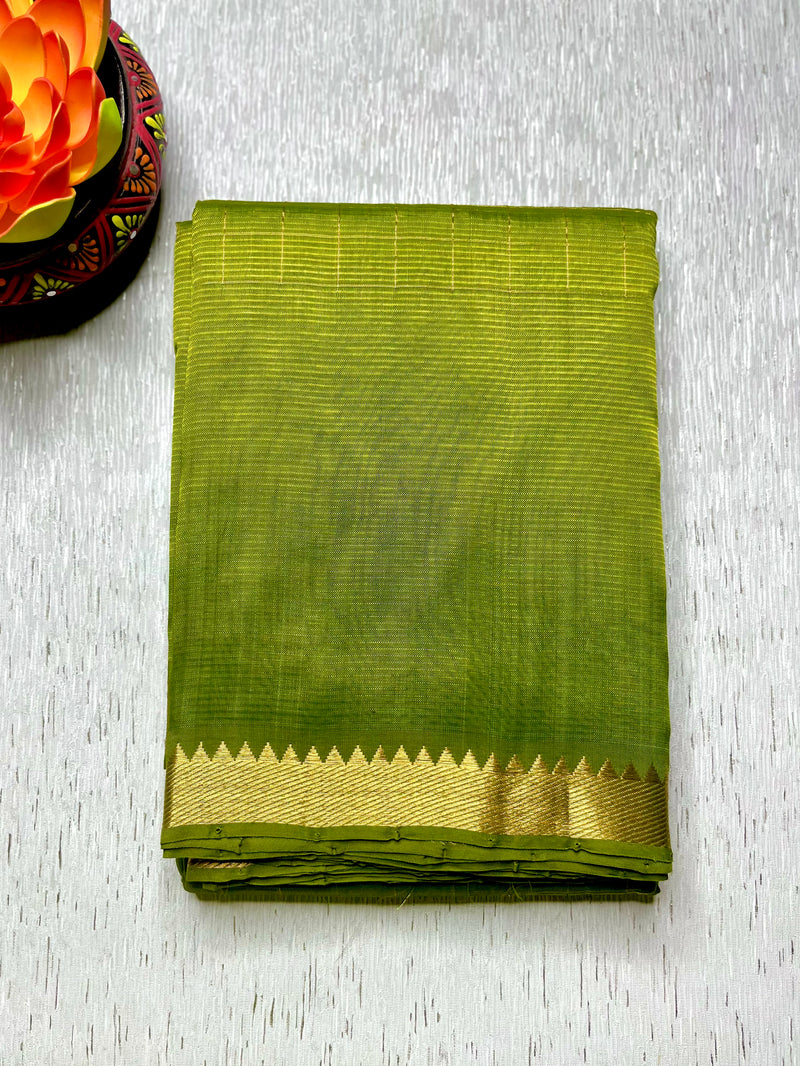 Handwoven Mangalgiri Silk Cotton Saree - Trendy Green + Gold