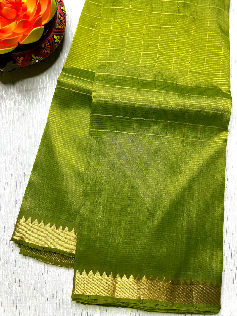 Handwoven Mangalgiri Silk Cotton Saree - Trendy Green + Gold