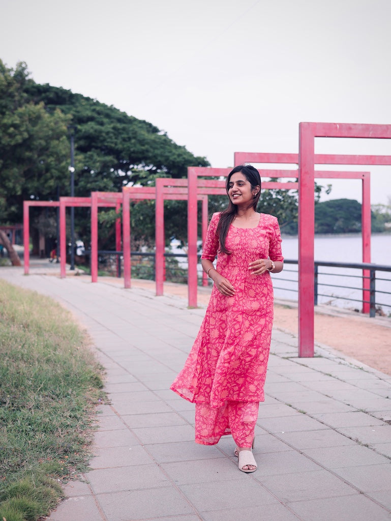 Red Floral Pleated Chenderi dress