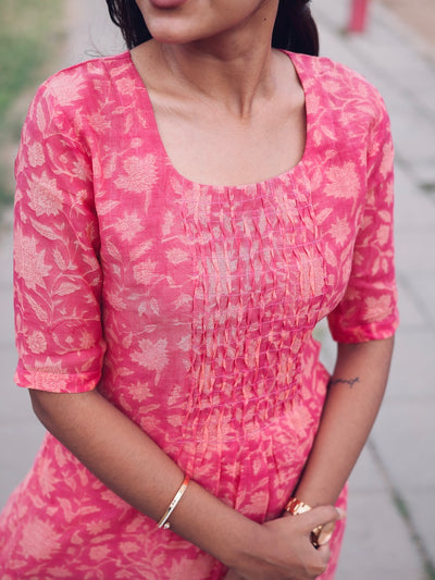 Red Floral Pleated Chenderi dress