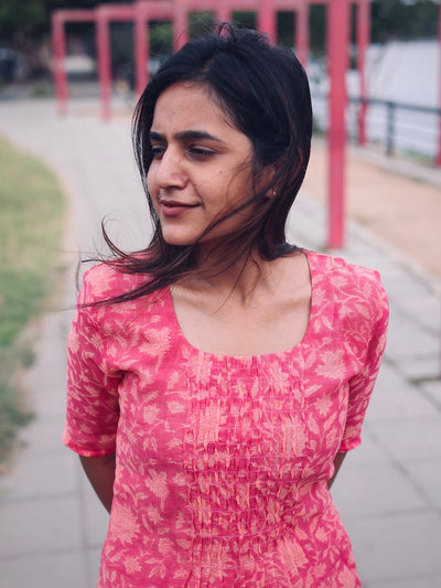 Red Floral Pleated Chenderi dress