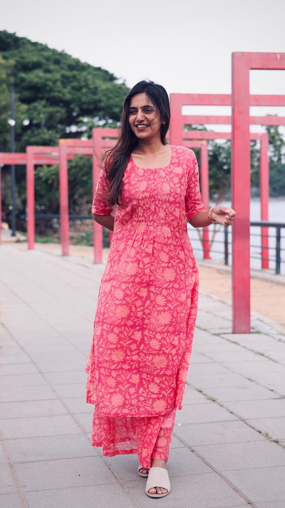 Red Floral Pleated Chenderi dress