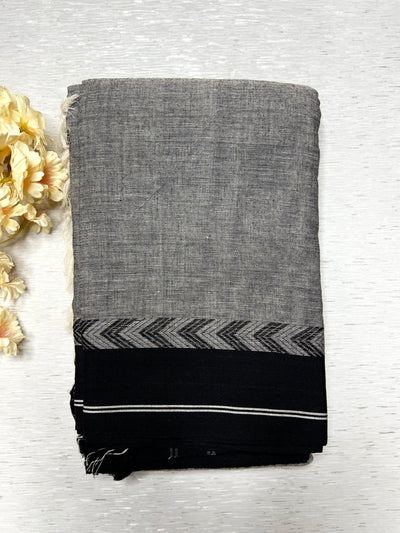 Handwoven Begampuri Cotton Saree - Gray + Black