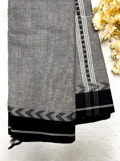 Handwoven Begampuri Cotton Saree - Gray + Black