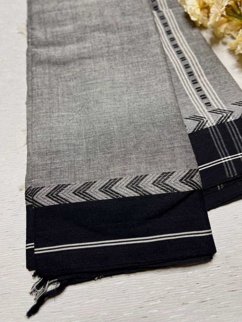 Handwoven Begampuri Cotton Saree - Gray + Black