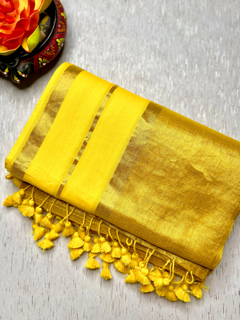 Handwoven Cotton Saree - Sunflower Yellow+ Shimmer Gold