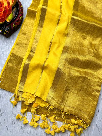 Handwoven Cotton Saree - Sunflower Yellow+ Shimmer Gold