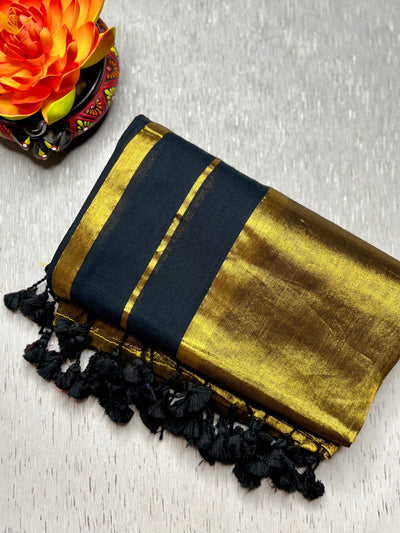 Handwoven Cotton Saree - Pearl Black + Shimmer Gold