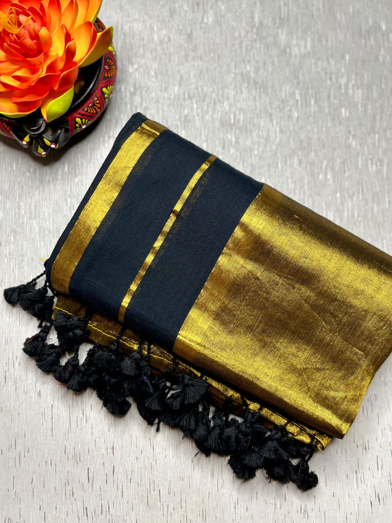 Handwoven Cotton Saree - Pearl Black + Shimmer Gold