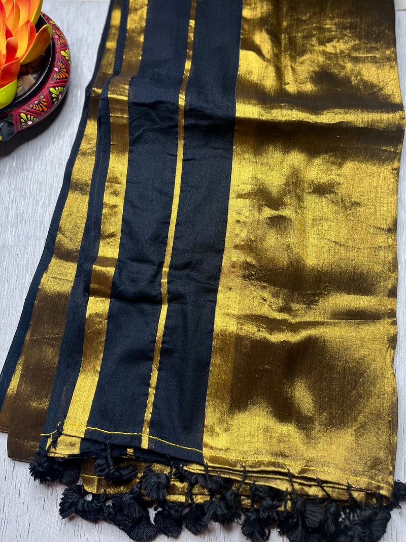 Handwoven Cotton Saree - Pearl Black + Shimmer Gold