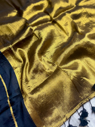 Handwoven Cotton Saree - Pearl Black + Shimmer Gold