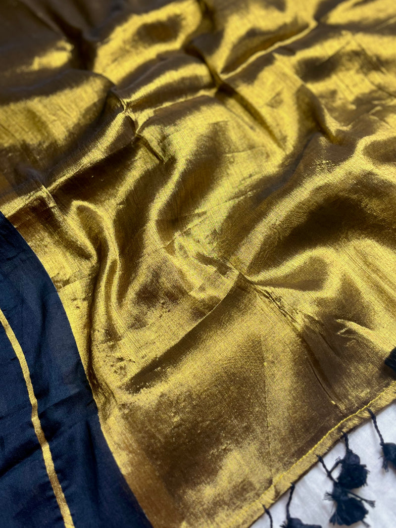 Handwoven Cotton Saree - Pearl Black + Shimmer Gold