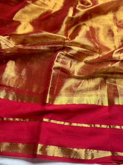 Handwoven Cotton Saree - Crimson Red+ Shimmer Gold