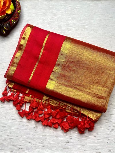 Handwoven Cotton Saree - Crimson Red+ Shimmer Gold