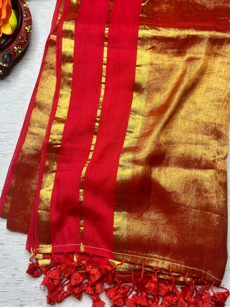 Handwoven Cotton Saree - Crimson Red+ Shimmer Gold