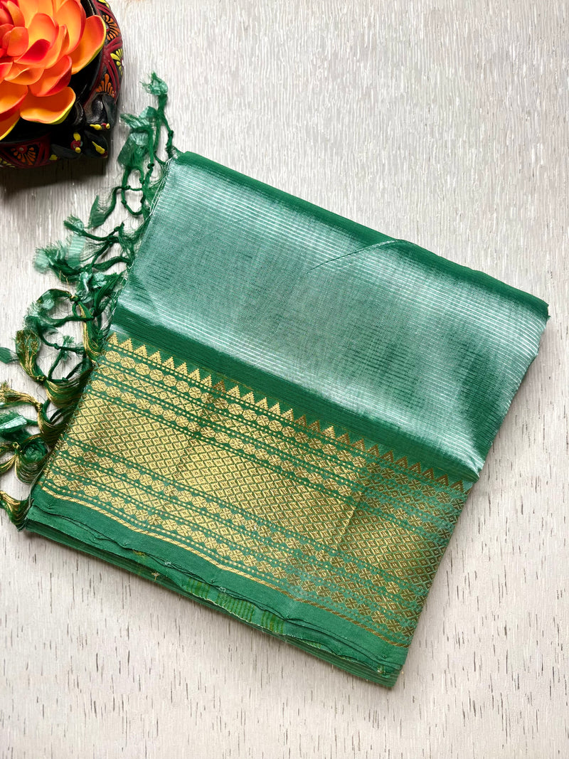 Handwoven Mangalgiri Silk Cotton Saree - Water Leaf + Gold