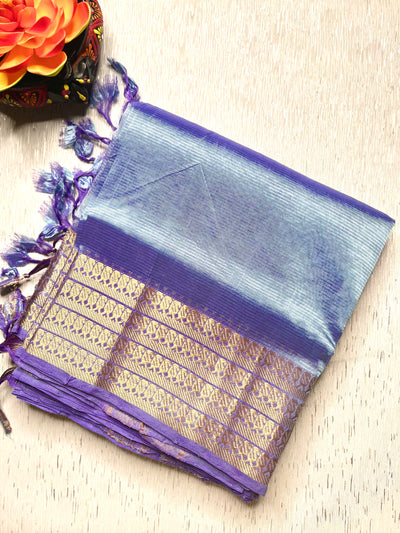 Handwoven Mangalgiri Silk Cotton Saree - Cold Blue + Gold