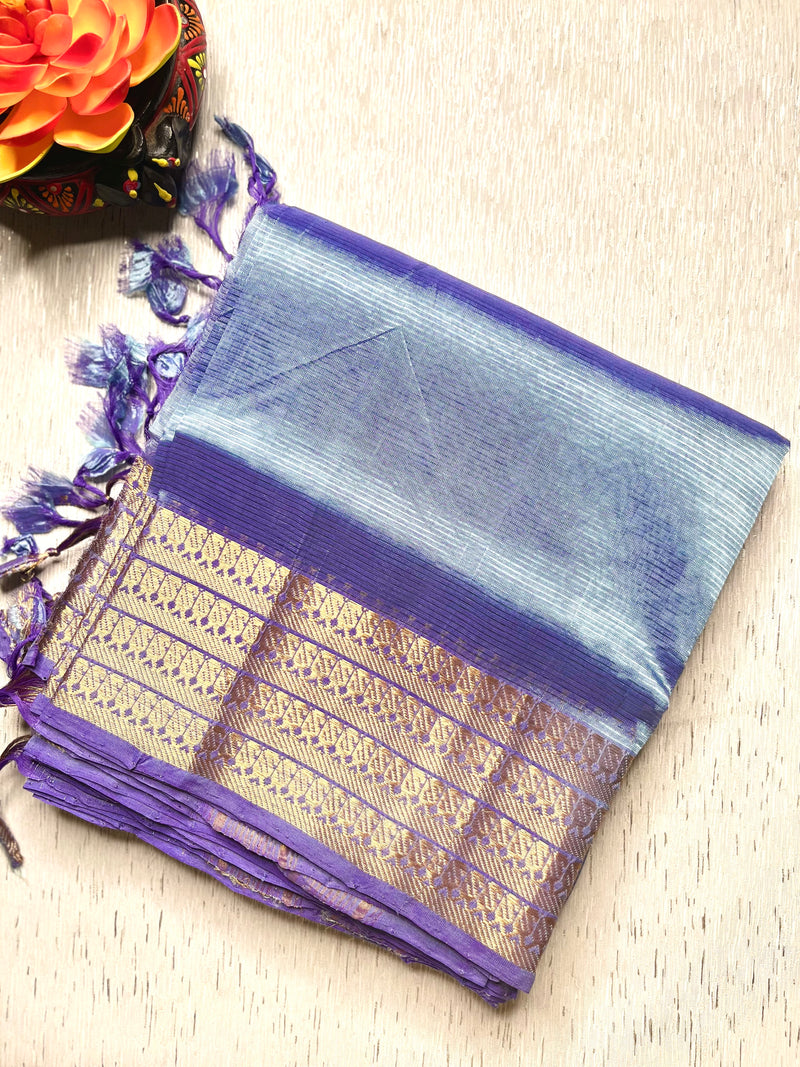 Handwoven Mangalgiri Silk Cotton Saree - Cold Blue + Gold