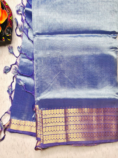 Handwoven Mangalgiri Silk Cotton Saree - Cold Blue + Gold
