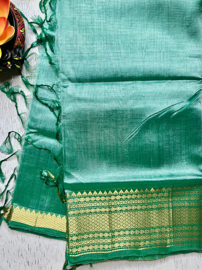 Handwoven Mangalgiri Silk Cotton Saree - Water Leaf + Gold