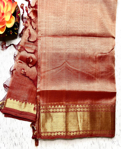 Handwoven Mangalgiri Silk Cotton Saree - Sea rust + Gold