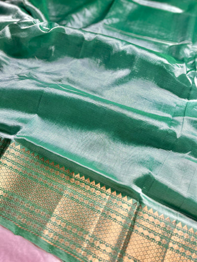 Handwoven Mangalgiri Silk Cotton Saree - Water Leaf + Gold