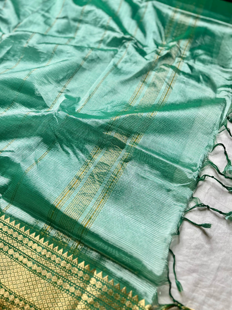 Handwoven Mangalgiri Silk Cotton Saree - Water Leaf + Gold