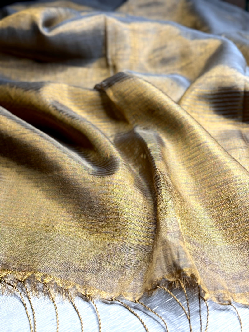 Handwoven Metallic Linen Tissue Saree - Gray Gold