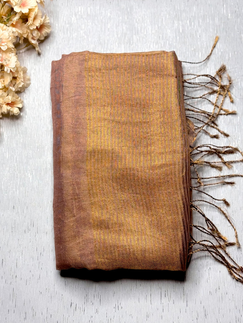 Handwoven Metallic Linen Tissue Saree - Peach Gold