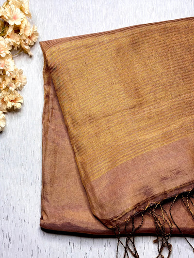 Handwoven Metallic Linen Tissue Saree - Peach Gold