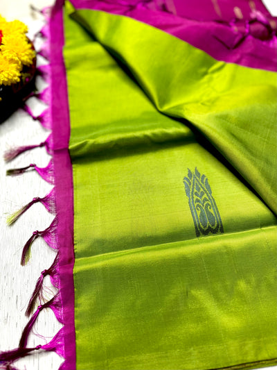 Handwoven Art Silk Saree - Trendy Green + Cerise Magenta