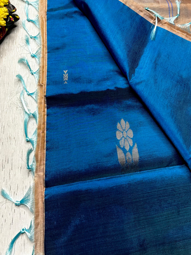 Handwoven Art Silk Saree - Venice Blue + Foggy Ivory