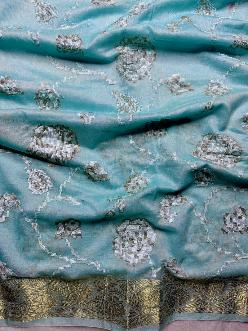 Cross Stitch Chanderi Silk Cotton Saree - Jagged Pastel Blue