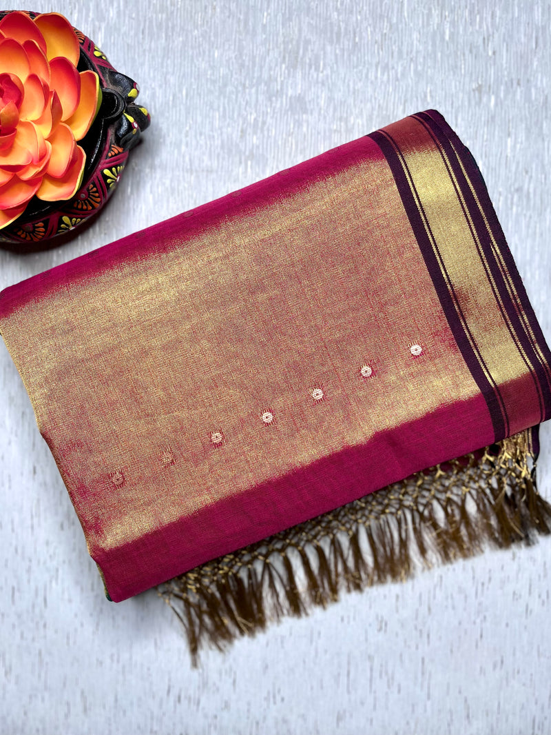 Handwoven Tissue Saree - Chestnut Rose + Mineral Green