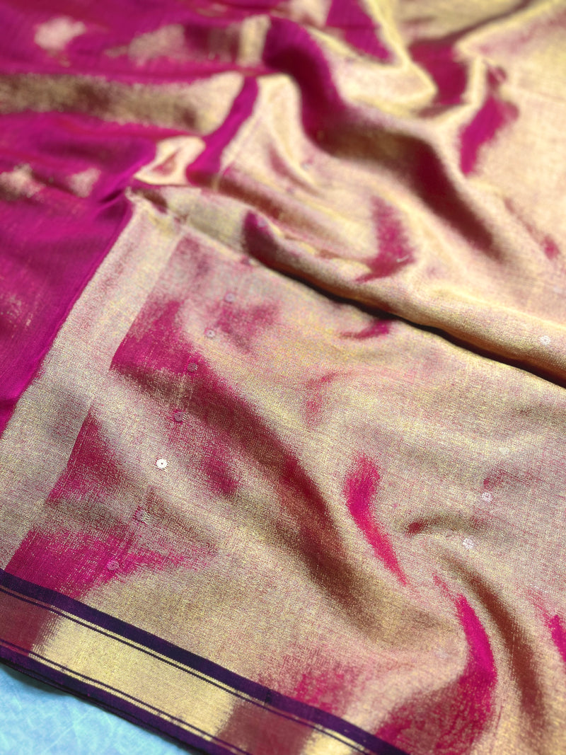 Handwoven Tissue Saree - Chestnut Rose + Mineral Green