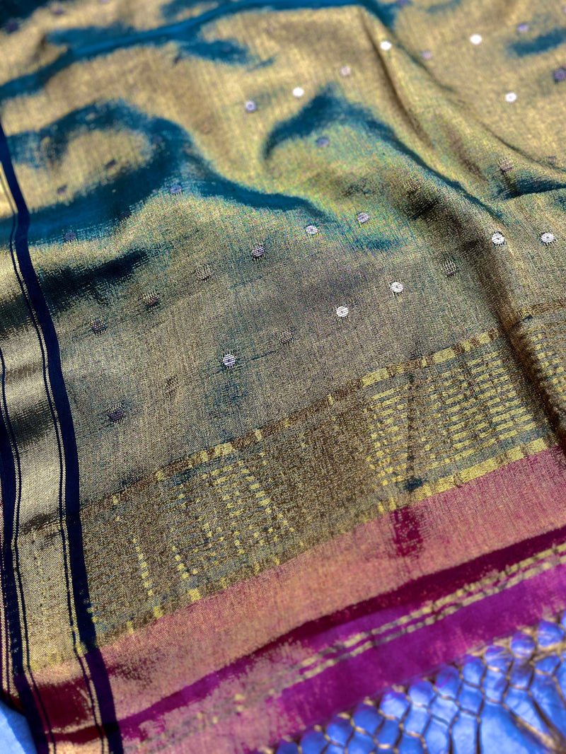 Handwoven Tissue Saree - Chestnut Rose + Mineral Green