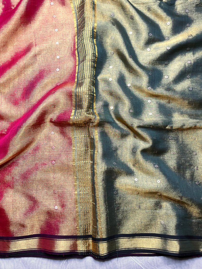 Handwoven Tissue Saree - Chestnut Rose + Mineral Green