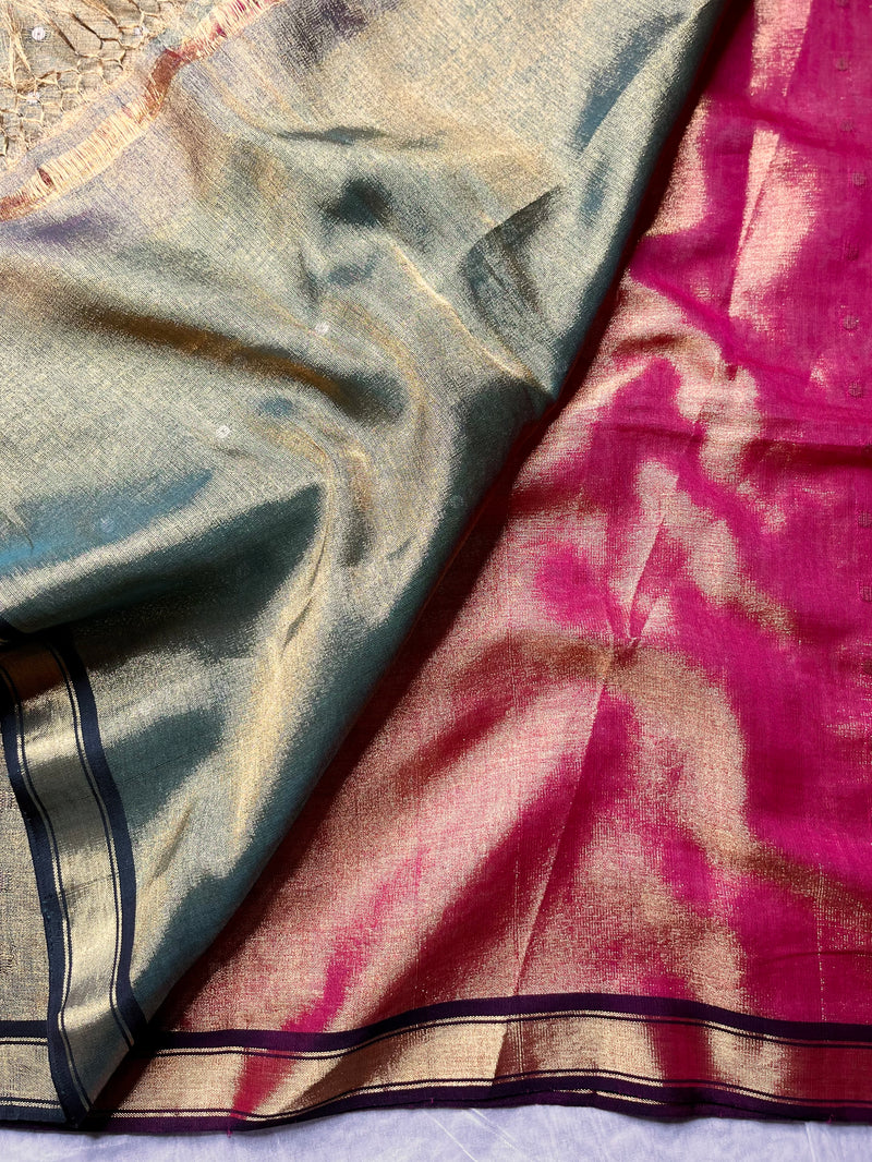 Handwoven Tissue Saree - Chestnut Rose + Mineral Green