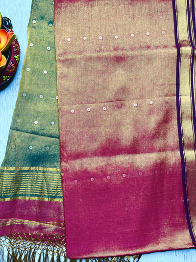 Handwoven Tissue Saree - Chestnut Rose + Mineral Green