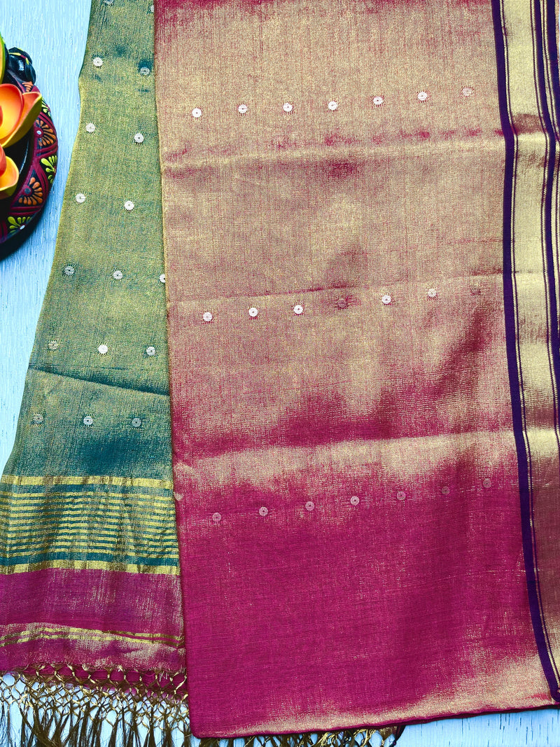 Handwoven Tissue Saree - Chestnut Rose + Mineral Green