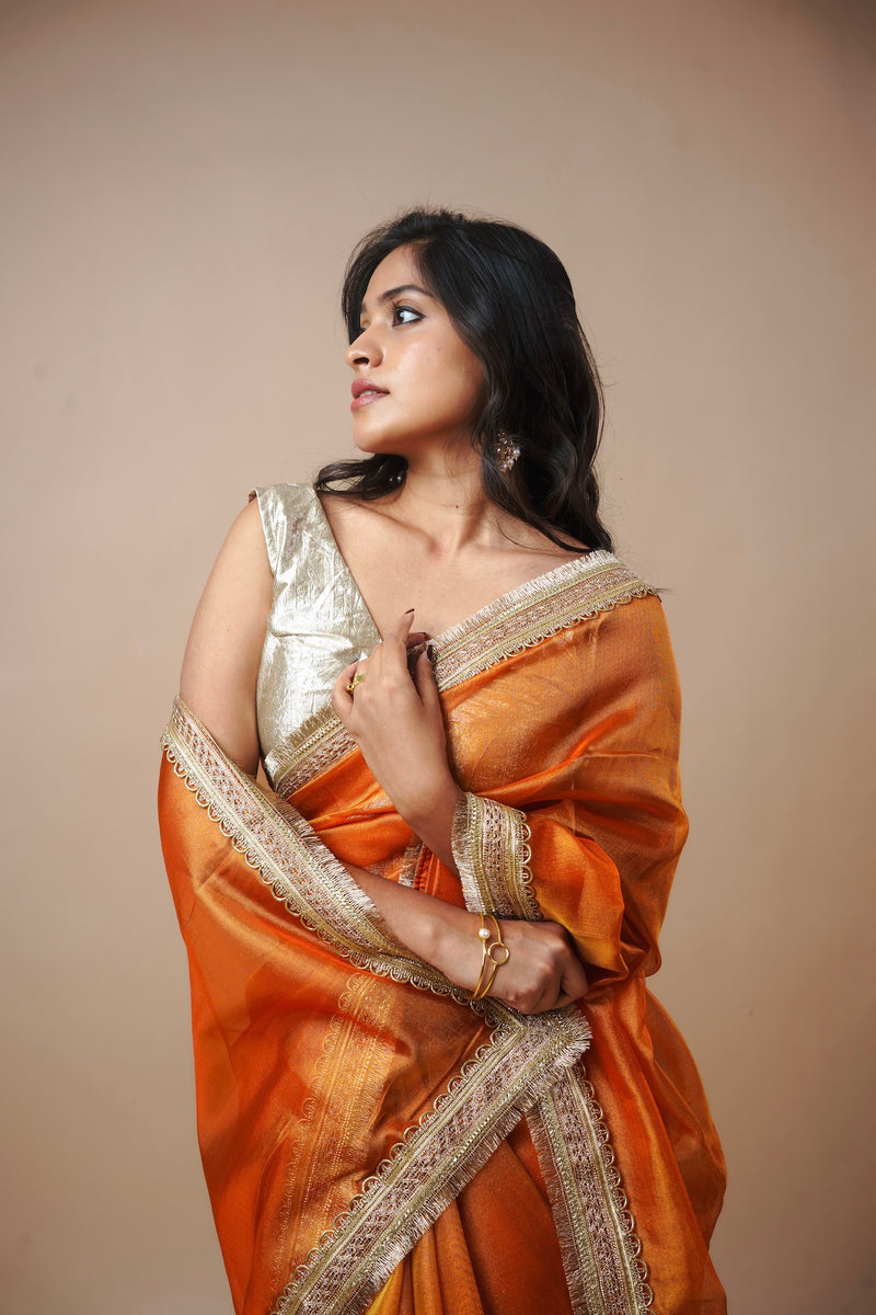 EXP - Alya - Tissue Silk Saree -  Coral Orange + Silver Gotta